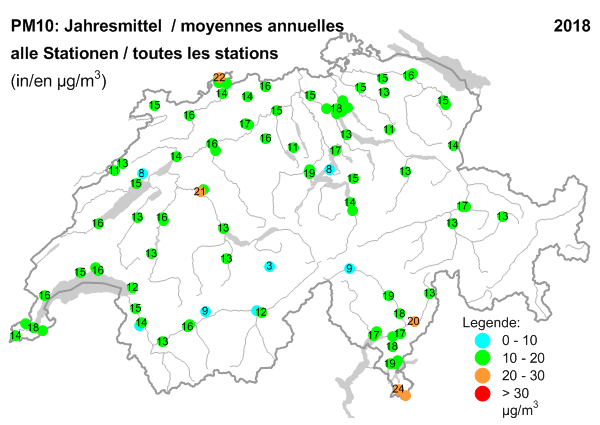 Karte PM10, Jahresmittel / moyennes annuelles