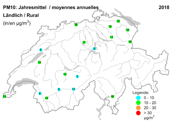 Karte PM10, Jahresmittel / moyennes annuelles